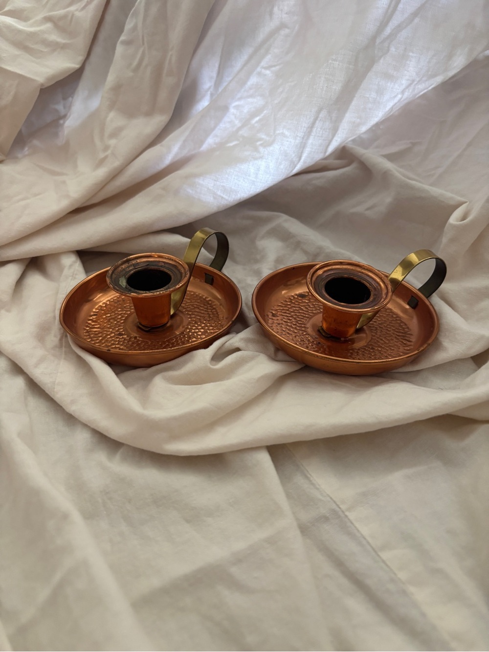 Copper Finish Taper Candle Holder Pair with Brass Handles